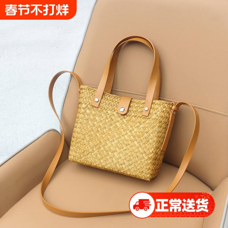 手工编织手机斜挎包单肩草编小方包百搭欧美复古沙滩度假手提女包