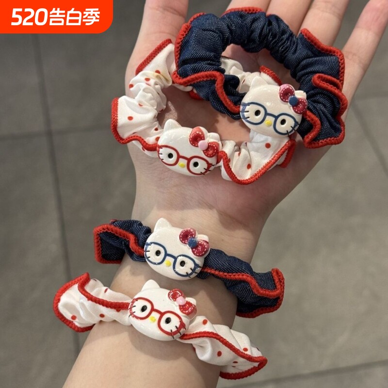 可爱牛仔KT猫发圈甜美少女马尾高弹力扎头马尾小肠圈慵懒风发饰