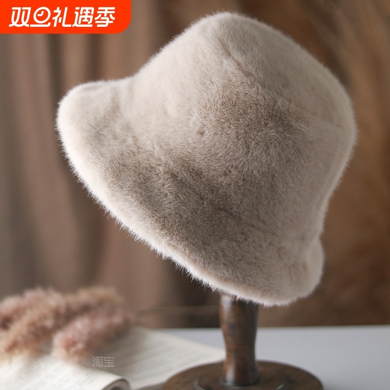 女冬毛绒渔夫帽子仿貂绒加厚东北保暖盆帽简约百搭水桶帽显脸小