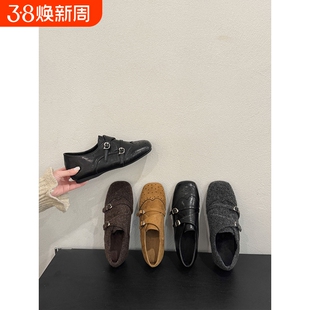 内增高！复古雕花方头乐福鞋女秋冬新款英伦风加绒单鞋黑色小皮鞋