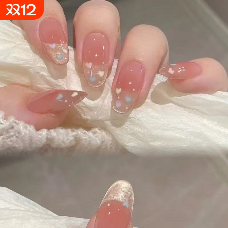 穿戴甲粉色立体爱心手工珍珠美甲贴法式猫眼指甲片红色蝴蝶结烟花