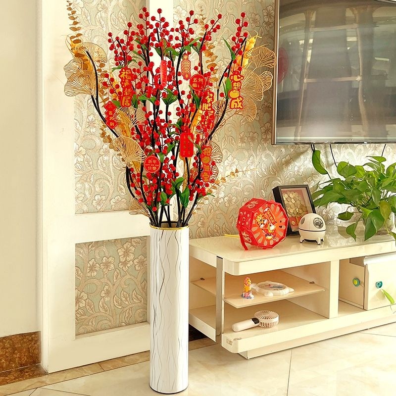 发财果 仿真花客厅落地仿真花插花装饰红果花摆件轻奢精致大束