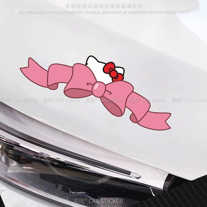 汽车贴纸KT猫蝴蝶结长条遮挡划痕装饰电动车贴卡通车尾保险杠车门