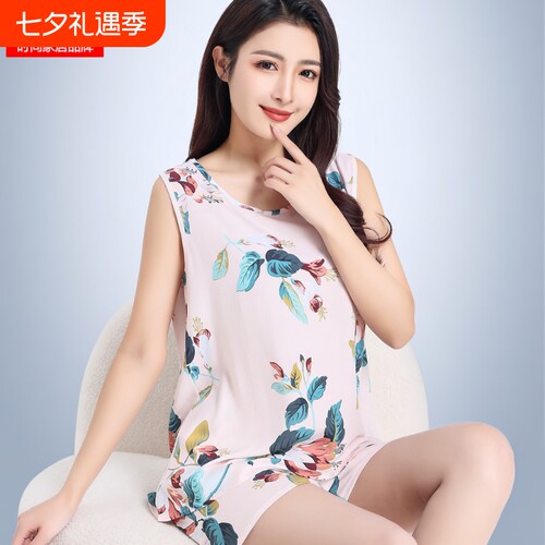 棉绸睡衣女夏款无袖短袖短裤