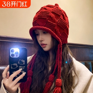 2025新款时尚红色毛线帽子女生秋冬季保暖手工辫子针织帽脸显脸小