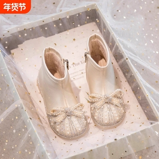 女童靴子2025冬季儿童皮鞋公主鞋秋冬宝宝小短靴加绒鞋子白色水晶