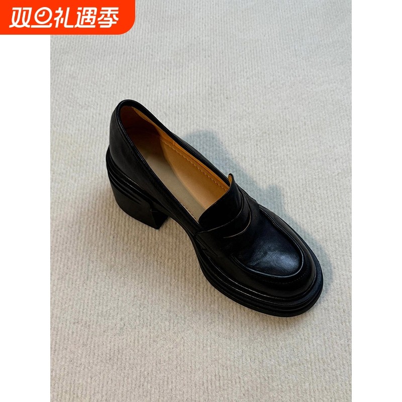 复古风版~简约厚底粗跟乐福鞋女羊皮小个子增高一脚蹬真皮小皮鞋