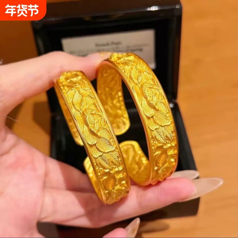 宽版牡丹花沙金手镯彷真黄金实心轮胎覆古花朵新中式国风覆古镯子,饰品/流行首饰/时尚饰品新,手镯,淘宝优惠券,粉丝福利购,淘宝优惠卷