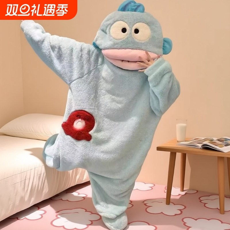 大嘴丑鱼亲子儿童睡衣女款秋冬季珊瑚绒加绒加厚男女童连体家居服