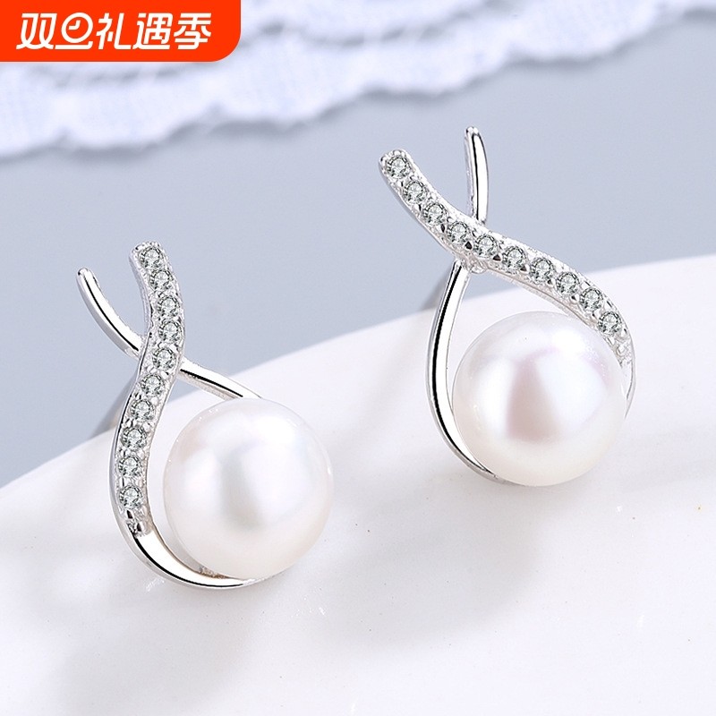 s925纯银精美时尚X形天然珍珠水滴耳钉简约韩版银饰厂家一件代发