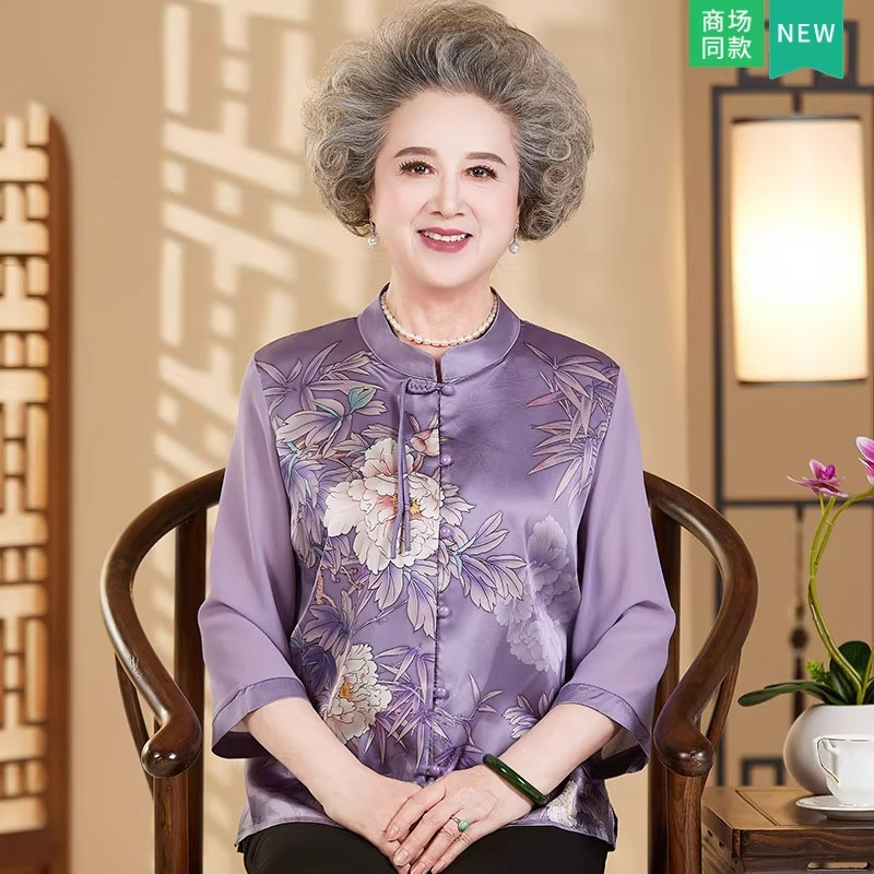 洋气中老年人夏装女妈妈真丝衬衫老太太唐装奶奶国风中式上衣服