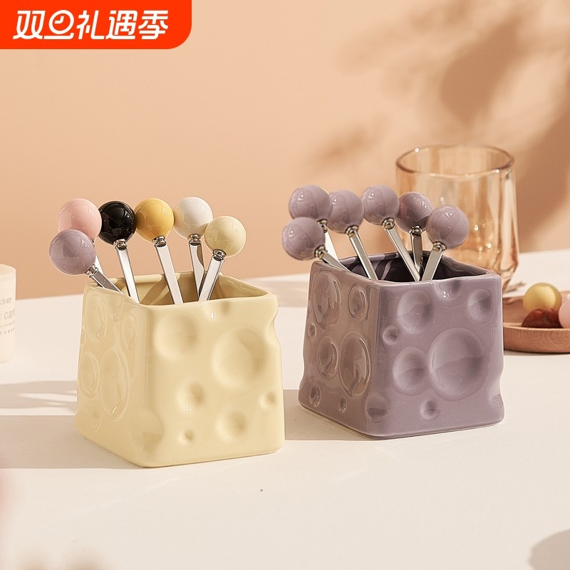 风创意水果叉子收纳罐陶瓷水果签家用套装高颜值勺子摆件食品级