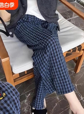 睡裤女格子裤春夏季薄款休闲裤居家裤学生秋天遛弯裤子蓝色印花