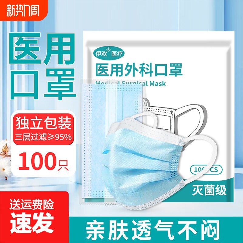 100只医用外科口罩一次性医疗薄款医护用官方正品女高颜值男潮款