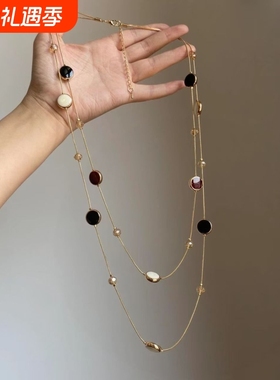 中古复古圆牌串珠项链2025新款金色轻奢高级感设计气质长款锁骨链