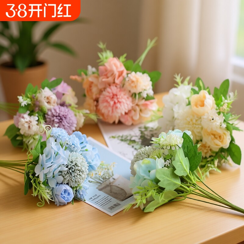 仿真花假花塑料花小花束玫瑰婚礼客厅餐桌摆件摆设绢花摆放单支