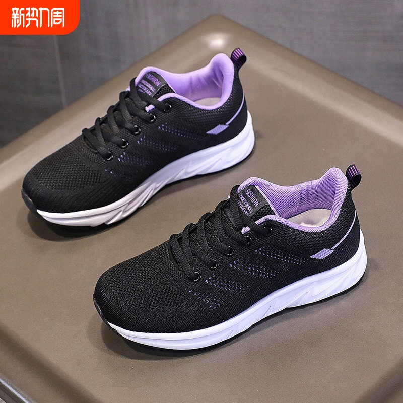 热风新女鞋春季黑色运动鞋轻便健身减震跑步网面妈妈中老年超轻软