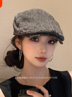 帽子miu系复古小波点贝雷帽百搭显脸小八角帽秋季灰色白色神器
