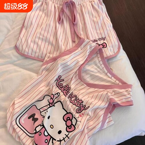 女士柔软粉色卡通KT猫居家休闲服