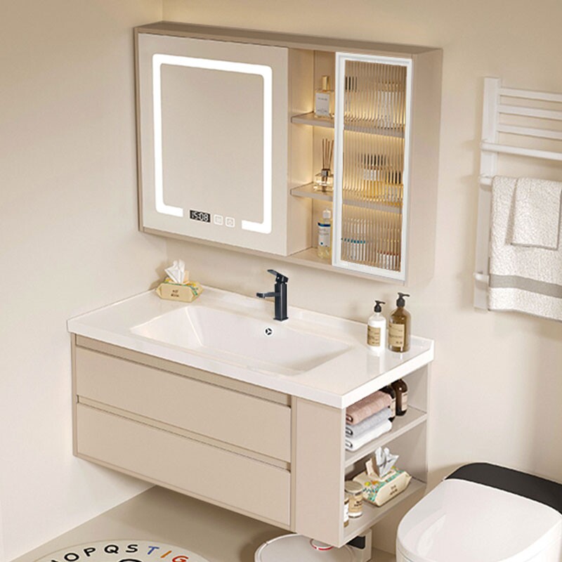 新奶油风实木浴室柜陶瓷一体盆卫生间洗手洗脸盆柜组合马桶台面