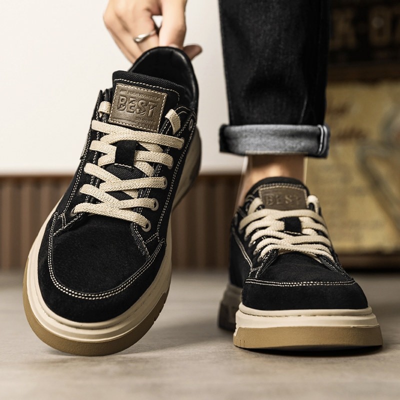 秋季男鞋休闲鞋子男款春秋款真皮百搭潮鞋黑色反绒皮男士帆布板鞋