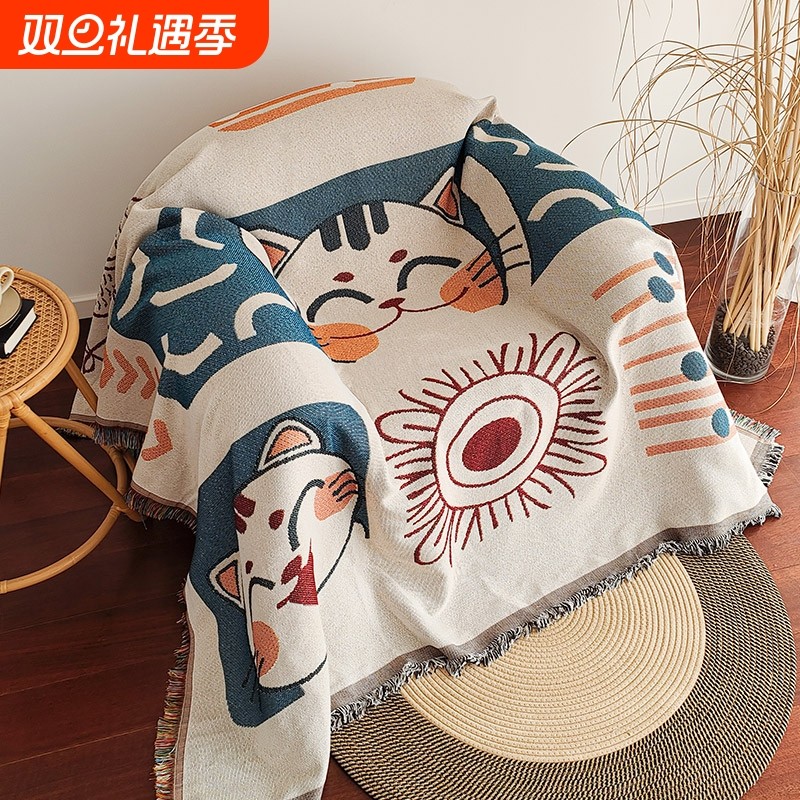 沙发毯美式涂鸦卡通插画装饰挂毯盖毯沙发巾全盖布防滑一片式扶手