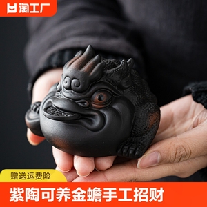 紫陶茶宠摆件可养金蟾茶具茶玩茶桌手工招财蟾蜍精品茶台茶道装饰
