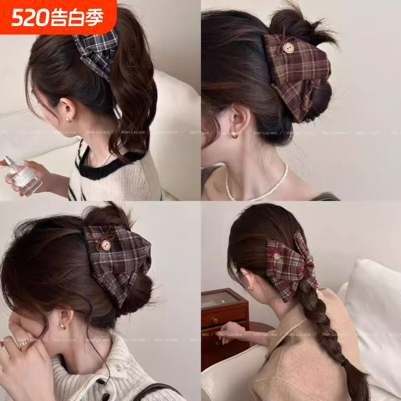 韩系ins三角抓夹女2026新款大号发夹后脑勺鲨鱼夹红色格纹黑色