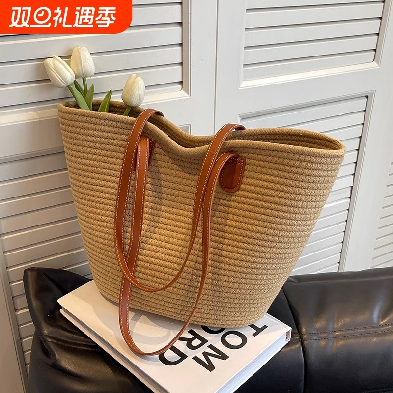 通勤大容量草编包包女夏季新款百搭编织单肩托特包海边度假沙滩包