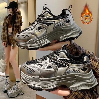 品牌断码老爹鞋女加绒黑色鞋子2025新款秋冬季百搭松糕厚底增高休