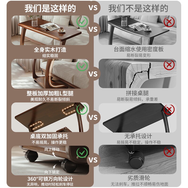 实木沙发边几可移动床头桌子带轮侧边柜家用客厅小户型C型小茶几图片