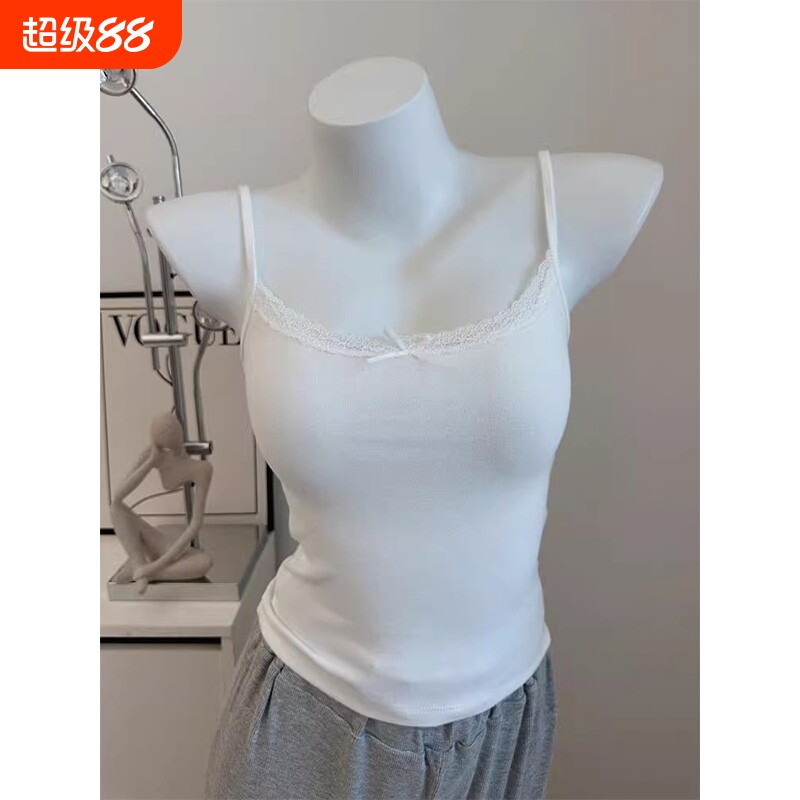 春夏纯欲风蕾丝吊带带胸垫背心女蝴蝶结内搭外穿打底上衣白色粉色