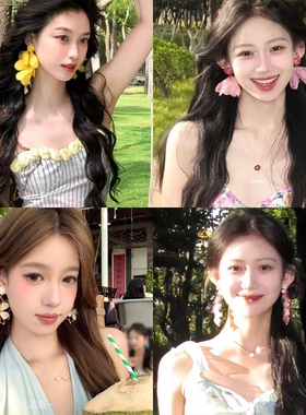 夏季海边氛围感黄色花瓣流苏耳环女度假风独特绝美耳饰精致耳钉