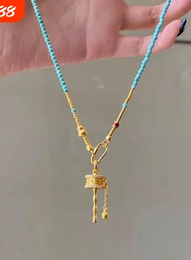 新中式国风绿色拨浪鼓长款项链转运吊坠毛衣链可调节挂绳锁骨链女
