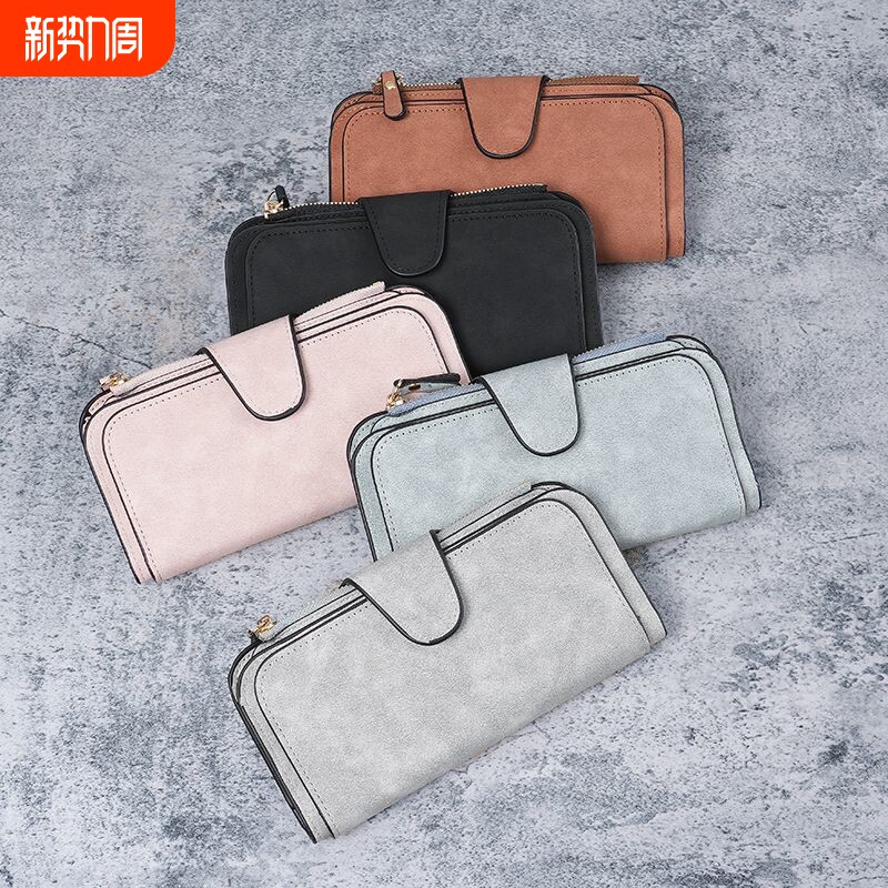 简约纯色钱包女长款拉链便携三折钱夹多卡位卡包大容量高档手拿包