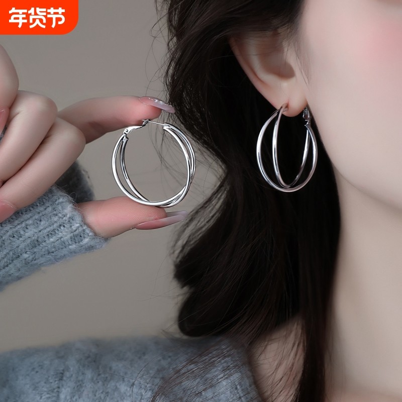 极简风双层圈圈耳环女气质百搭简约金属耳圈高级感精致耳饰银色,饰品/流行首饰/时尚饰品新,耳环,淘宝优惠券,粉丝福利购,淘宝优惠卷