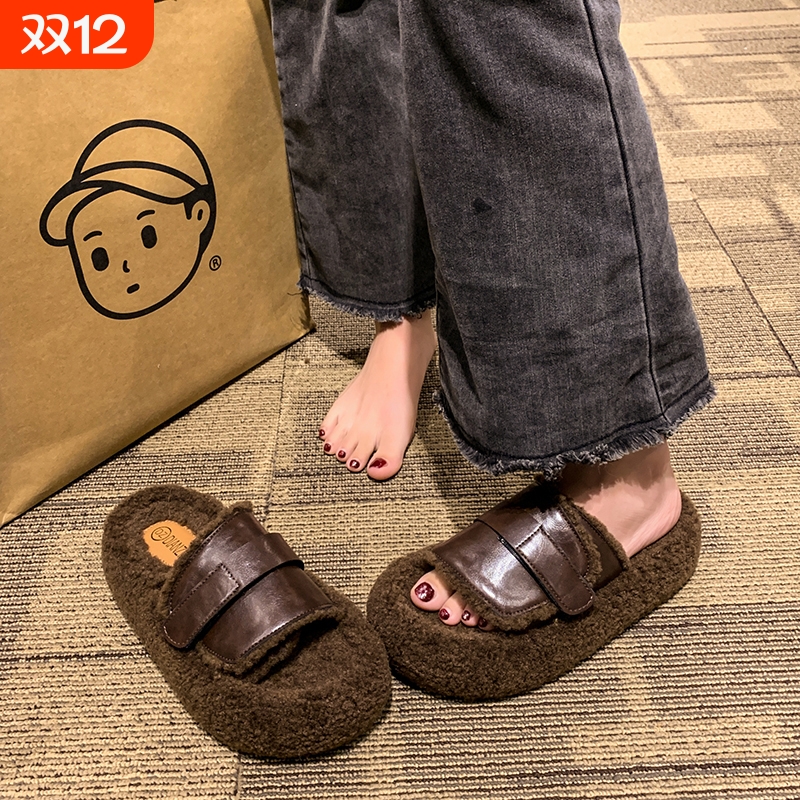 勃肯厚底毛毛拖鞋女外穿2025新款冬季爆款欧货网红茸茸毛绒棉拖鞋