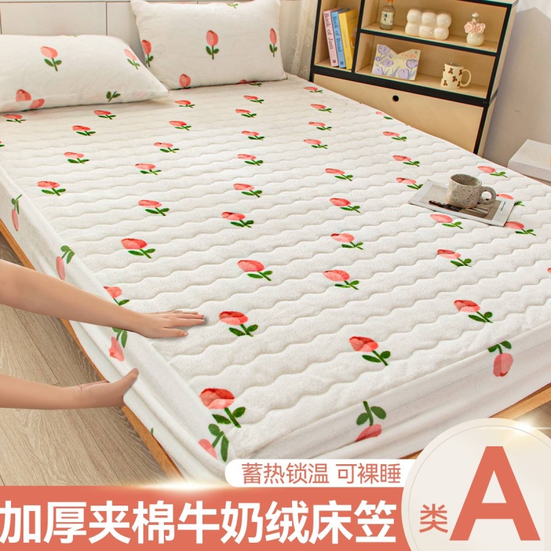 秋冬加厚牛奶绒夹棉床笠枕套