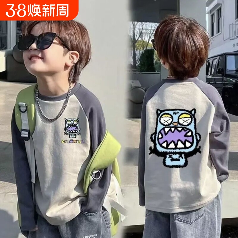 纯棉儿童长袖T恤春秋新款男女童卡通插肩袖上衣宝宝打底衫双面