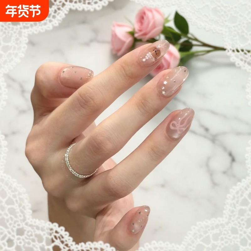 波点粉熊猫眼可爱短款日常百搭显白手工穿戴甲椭圆芭蕾甲油胶扁平,彩妆/香水/美妆工具,穿戴甲/甲片,淘宝优惠券,粉丝福利购,淘宝优惠卷