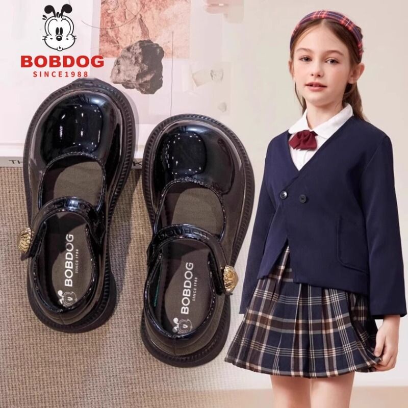 巴布豆真皮女童小皮鞋春秋季黑色儿童鞋软底玛丽珍女孩乐福鞋单鞋