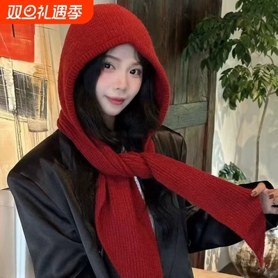 韩版帽子围巾一体女冬针织毛线帽