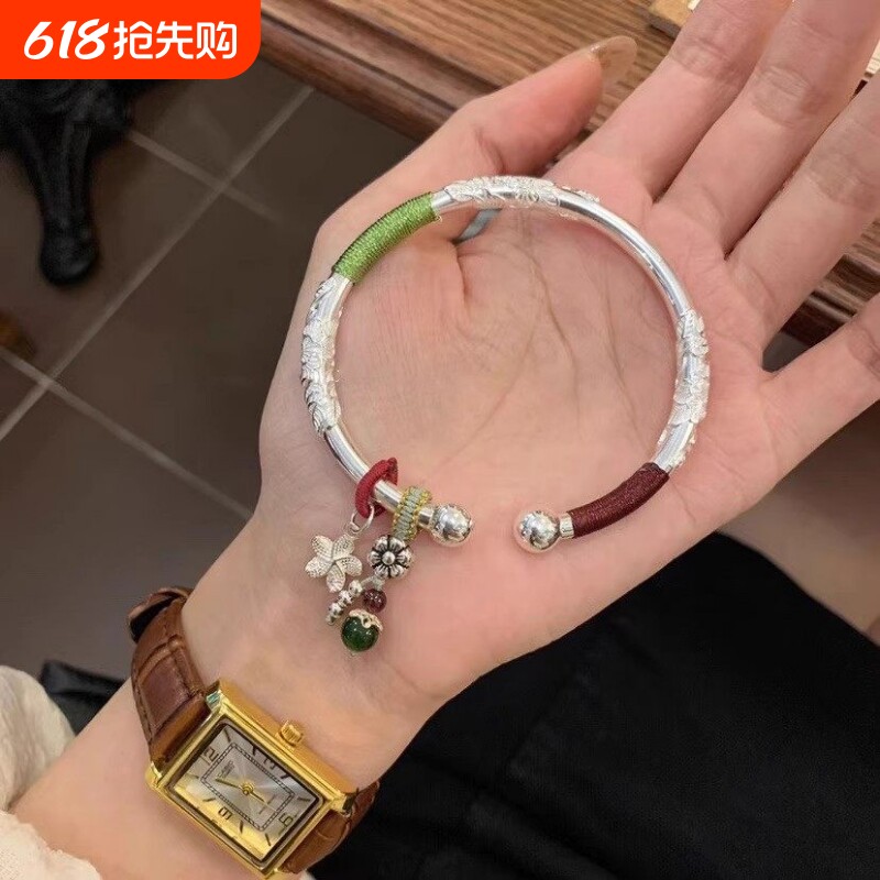 幂琳2026新款开口纯银手镯女s999足银镯子实心南瓜推拉光面竹