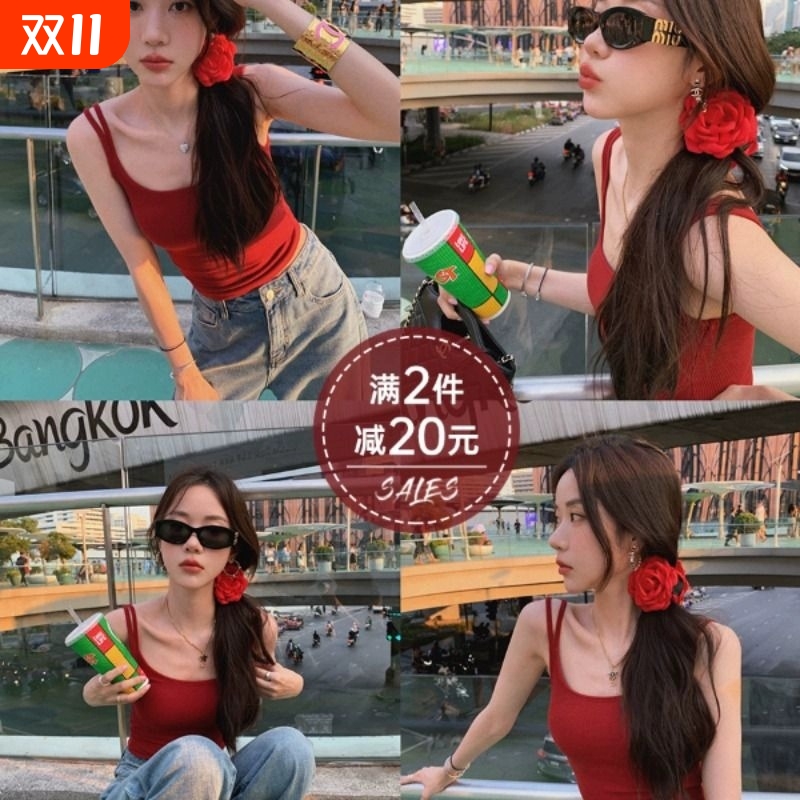 美式辣妹红色绝美小吊带带胸垫