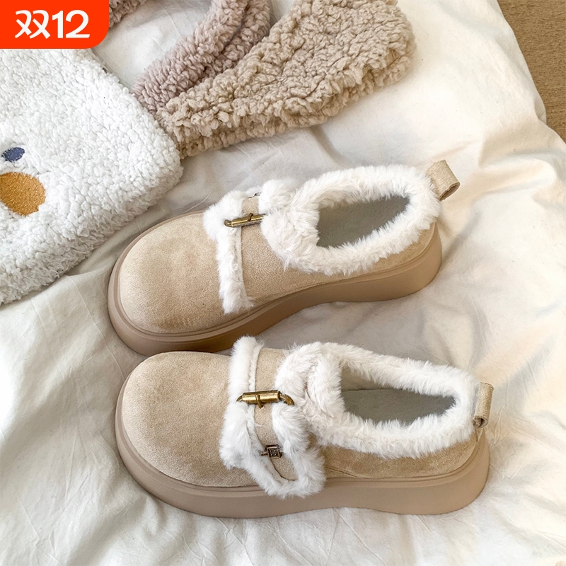 加绒加厚全包勃肯鞋女款2025新款秋冬松糕厚底毛毛棉鞋外穿雪地靴