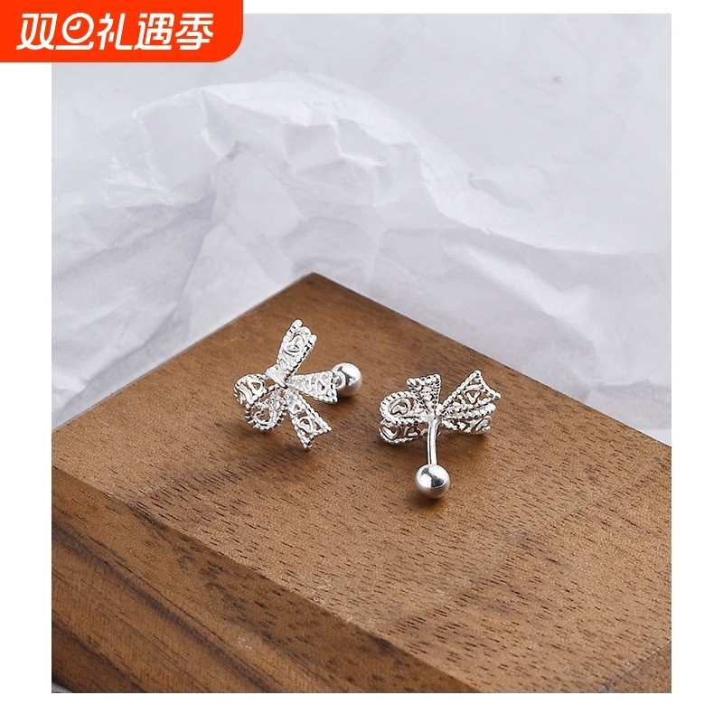 蝴蝶结耳钉女s999足银螺丝拧扣简约时尚素银亚马逊耳饰品跨境批发