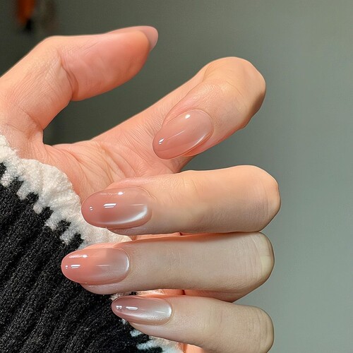 桃之夭夭渐变裸色短款显白温柔猫眼穿戴甲INS风美甲可拆卸甲片