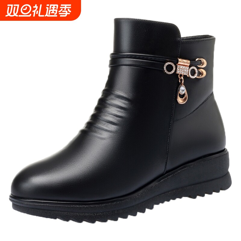 秋冬季加绒保暖妈妈棉鞋女真皮短靴女中老年女士棉靴坡跟防滑防水