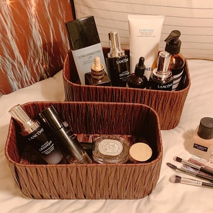 收纳ins仿藤编收纳盒桌面化妆品面膜杂物筐置物架整理盒角落编织