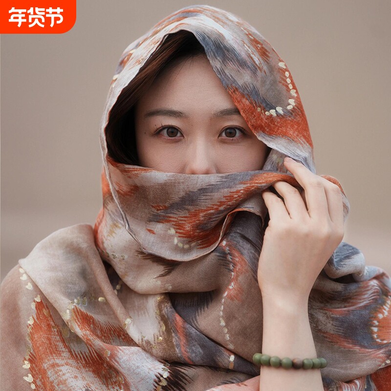 废旅游拍照防晒头巾沙漠大西北埃及敦煌棉麻丝巾披肩外搭围巾冬季